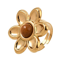 Red Aventurine 304 Stainless Steel Cuff Open Rings for Women, Flower, with Natural Red Aventurine, Ion Plating(IP), Golden, US Size 7(17.3mm)