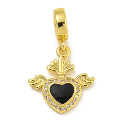 Черный Покрытие стойки латунная эмаль европейские подвески, подвески в форме крылатого сердца с большим отверстием из прозрачного кубического циркония, реальный 18 k позолоченный, долговечный, без кадмия и без свинца, чёрные, 27 мм, отверстие : 5 мм