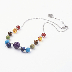 Mixed Stone Chakra Jewelry, 304 Stainless Steel Necklaces, with Gemstone and Lobster Claw Clasps, 16.9 inch(43cm)