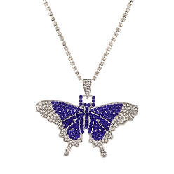 Sapphire Butterfly Rhinestone Pendant Necklaces, with Platinum Alloy Chains, Sapphire, 18.31 inch(46.5cm)