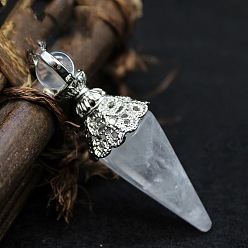 Quartz Crystal Natural Quartz Crystal Big Pendants, Faceted Cone/Spike Pendulum Charms with Metal Snap on Bails, 60x17mm