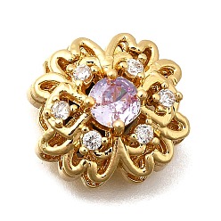 Лиловый Многожильные звенья из латуни с паве из кубического циркония, цветок, реальный 18 k позолоченный, сирень, 12.5x12.5x7 мм, отверстие : 1.8 мм