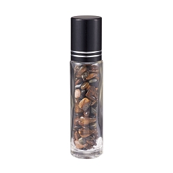 Tiger Eye Glass Roller Ball Bottles, Essential Oil Refillable Bottle, with Tiger Eye Chip Beads, for Personal Care, 85x20mm, Beads: 3x11~3x7mm, Capacity: 10ml