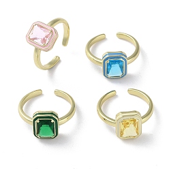 Mixed Color Rack Plating Real 18k Gold Plated Brass Open Cuff Rings, Rectangle Cubic Zirconia Ring with Enamel, Lead Free & Cadmium Free, Mixed Color, US Size 7 1/4(17.5mm)