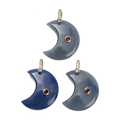 Aventurine Bleue Pendentifs aventurine bleus naturels, charmes lune, avec des pierres précieuses en laiton pavées de zircone cubique, or, teints et chauffée, 28~30x24.5~25.5x8~9mm, Trou: 5.5x6mm