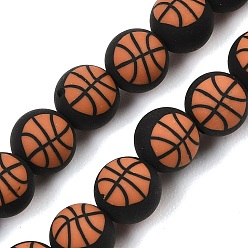 Chocolate Handmade Polymer Clay Beads Strands, Round with Basketball, Chocolate, 8mm, Hole: 1.2mm, about 40pcs/strand, 12.20''(31cm)
