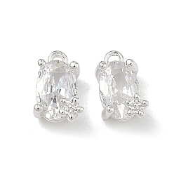 Посеребрённый Латунные микропаве прозрачные подвески с фианитом, овал с цветочными подвесками, 925 серебро покрытием, 8x5.5x4 мм, отверстие : 0.9 мм