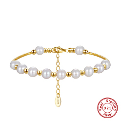 Real 14K Gold Plated Natural Pearl & 925 Sterling Silver Curved Tube Beaded Bracelet, with S925 Stamp, Real 14K Gold Plated, 6-1/2 inch(16.5cm)
