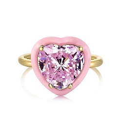 Pink 925 Sterling Silver Finger Rings, Birthstone Ring, Real 18K Gold Plated, with Enamel & Cubic Zirconia for Women, Heart, Pink, US Size 6(16.5mm)