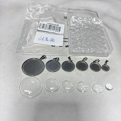 Плоский Круглый 304 Настройки кабошон из нержавеющей стали кулон, с прозрачными квадратными кабошонами из прозрачного стекла, цвет нержавеющей стали, плоско-круглые, 10~11x5~6 мм