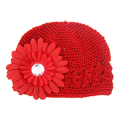 Red Handmade Crochet Baby Beanie Costume Photography Props, with Cloth Flowers, Red, 180mm