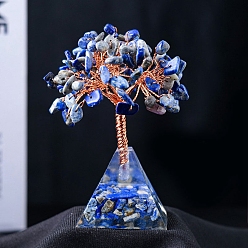 Lapis Lazuli Natural Lapis Lazuli Chips Tree Decorations, Resin & Gemstone Chip Pyramid Base with Copper Wire Feng Shui Energy Stone Gift for Home Office Desktop Decorations, 95x40mm