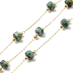 African Jade Ion Plating(IP) 316 Surgical Stainless Steel Paperclip Chains, with Natural African Jade Column Beads, Soldered, Real 18K Gold Plated, with Spool, Link: 2.5x1x0.3mm
