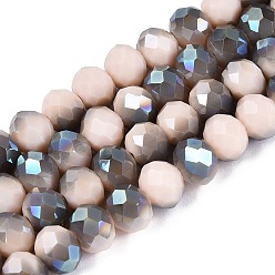 Серый Гальванические непрозрачные стеклянные бусины, половина зеленого покрытием, граненые, рондель, серые, 8x6 мм, отверстие : 1 мм, около 60~62 шт / нитка, 39~40 см