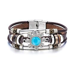 BR23Y0222-2 Ethnic Style Turquoise Jewelry Vintage Floral Diamond Crystal Tube Bead Leather Bracelet