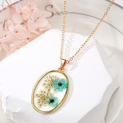 6# Elliptical Blue Flower Natural Dried Flower Necklace with Geometric Resin Pendant and Transparent Droplet, for Women's Sweater Chain.