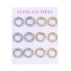 Золотой & Цвет Нержавеющей Стали Вакуумное покрытие pvd 304 серьги-гвоздики из нержавеющей стали, со стразами, кольцо, золотые и нержавеющая сталь цвет, 13 мм, 12 шт / комплект