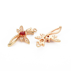 Red Rack Plating Brass Micro Pave Clear Cubic Zirconia Pendants, with Faceted Glass, Long-Lasting Plated, Cadmium Free & Lead Free, Dragonfly with Flower, Red, 25.5x15.5x4mm, Hole: 1.5mm