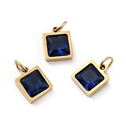 Dark Blue Vacuum Plating 304 Stainless Steel Pendants, with Cubic Zirconia and Jump Rings, Single Stone Charms, Square, Golden, Dark Blue, 9.5x8x3.5mm, Hole: 3.4mm