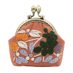 Coral DIY Plants Pattern Kiss Lock Coin Purse Embroidery Kit, Including Embroidered Fabric, Embroidery Needles & Thread, Metal Purse Handle, Plastic Embroidery Hoop, Coral, 85mm