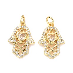 Прозрачный Латунные микро проложить кубического циркония подвески, с прыжковых колец, долговечный, без кадмия и без свинца, золотой свет, Хамса рука с сердцем, прозрачные, 18.5x13.5x3 мм