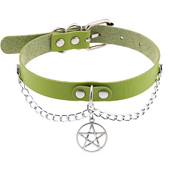 Green Stylish Star Pendant Collarbone Necklace with Leather Chain for Women