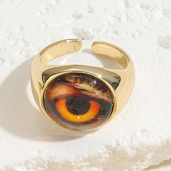 Chocolate Resin Devil's Eye Cuff Rings, Adjustable Rings, Real 14K Gold Plated Brass Evil Eye Ring for Men Women, Chocolate, 20x16mm