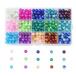Mixed Color Baking Painted Crackle Glass Beads, Round, with Rectangle Plastic Bead Storage Containers, Mixed Color, 8mm, Hole: 1.3~1.6mm, about 450pcs/box