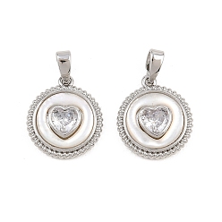 Платина Латунные микро проложить кубического циркония подвески, с оболочкой, плоский круглый с сердечками, платина, 16x14x3.5 мм, отверстие : 4x2.5 мм