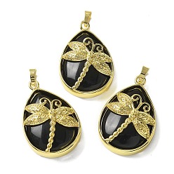 Обсидиан Природные подвески обсидиана, с фурнитурой латунной золотого тона, без свинца и без кадмия, слезинка с подвесками в виде стрекоз, 40~40.5x26~26.5x8.5~9.5 мм, отверстие : 7~8x4.5~5 мм