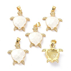 White Real 18K Gold Plated Brass Micro Pave Clear Cubic Zirconia Pendants, Cadmium Free & Lead Free, with Shell filled in Enamel, Long-Lasting Plated, Turtle, White, 26x21x5.5mm, Hole: 4x3.5mm