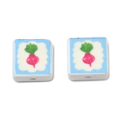 Hot Pink Printed Handmade Porcelain Beads, Square, Hot Pink, 15~15.5x15~15.5x7.5~8mm, Hole: 2mm