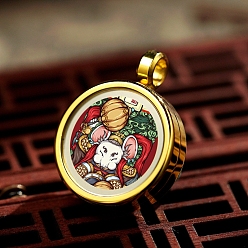 Mouse Titanium Steel Locket Pendants, Flat Round with Chinese Zodiac, Golden, Mouse, 20mm, Inner Diameter: 15mm