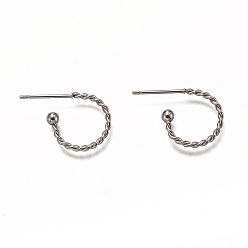 Stainless Steel Color 304 Stainless Steel Stud Earring Findings, Half Hoop Earrings, Twist Ring, Stainless Steel Color, 12.5x18.5x1.2mm, Pin: 0.7mm
