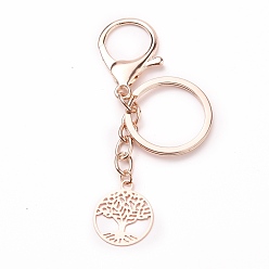Rose Gold Keychain, with Flat Round with Tree of Life Brass Pendants, Iron Split Key Rings & Curb Chains, Alloy Lobster Claw Clasps, Rose Gold, 9.2cm