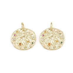 Virgo Brass Micro Pave Colorful Cubic Zirconia Charms, Round with Constellation Charms, Rack Plating, Long-Lasting Plated, Cadmium Free & Lead Free, Golden, Virgo, 14~15x14~15x1.6~2.2mm