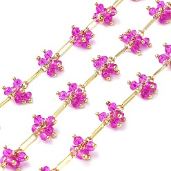 Fuchsia Rack Plating Real 18K Gold Plated Brass Oval Link Chains, with Glass Flower Charms, Soldered, with Spool, Lead Free & Cadmium Free, Fuchsia, 8x2x0.9mm
