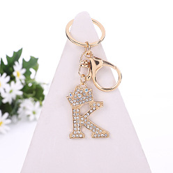 Letter K Crystal Rhinestone Initial Letter with Crown Pendant Keychains, with Light Gold Alloy Findings, Letter.K, 10~10.5cm, alphabet: 40~46x20~45mm