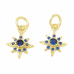 Blue Rack Plating Brass Micro Pave Cubic Zirconia Pendants, Long-Lasting Plated, Real 18K Gold Plated, Cadmium Free & Lead Free, Sun, Blue, 12.5x10x3mm, Jump Ring: 5x1mm, 3mm Inner Diameter