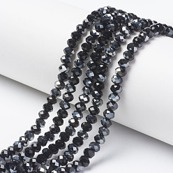 Black Electroplate Opaque Glass Beads Strands, Half Gray Plated, Faceted, Rondelle, Black, 4x3mm, Hole: 0.4mm, about 123~127pcs/strand, 16.5~16.9 inch(42~43cm)