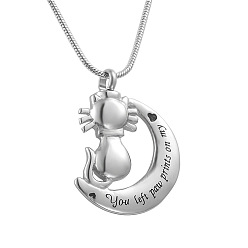 Cat Shape 316L Surgical Stainless Steel Moon with Pet Urn Ashes Pendant Necklace, Word You Left Paw Prints On My Heart Memorial Jewelry for Women, Cat Pattern, Pendant: 40x30mm