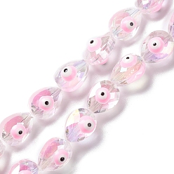 Pink Transparent Evil Eye Glass Beads Strands, with Enamel, Faceted, Teardrop, Pink, 11.5~12x9x9~9.5mm, Hole: 1.2mm, about 35pcs/strand, 15.94''~16.14''(40.5~41cm)