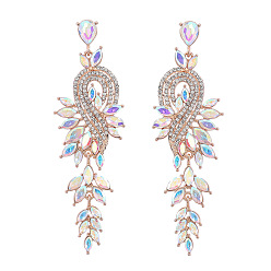 Crystal AB Sparkling Rhinestone Leafy Branch Dangle Stud Earrings, Golden Alloy Long Drop Earrings for Women, Crystal AB, 95x30mm