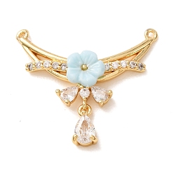 Golden Brass Pave Clear Cubic Zirconia Pendants, Flower & Teardrop Charms, with Resin, Golden, 25x28.5x4.5mm, Hole: 1mm