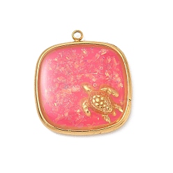 Светло-Вишневый 304 подвески из нержавеющей стали, эпоксидной смолы, с натуральными ракушками и пайетками внутри, квадрат с подвесками в виде черепахи, реальный 18 k позолоченный, вакуумное покрытие pvd, светло-вишневый, 23x20.5x3.5 мм, отверстие : 1.5 мм