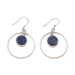 Lapis Lazuli Natural Lapis Lazuli Flat Round Dangle Earrings, Real Platinum Plated Rhodium Plated 925 Sterling Silver Earrings, 46x27.5mm