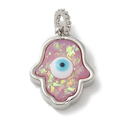 Pink Стойки обшивки латунные подвески, с имитацией опала из смолы и блестками, долговечный, без свинца и без кадмия, Хамса руку с дурным глазом, розовые, 19.5x14.5x5 мм, отверстие : 3 мм