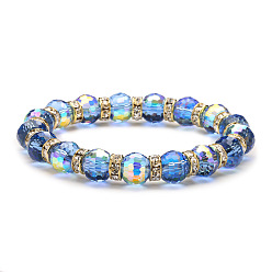 Blue Sparkling Multi-Colored Crystal Glass Bead Bracelet with 96 Facets, Earth Design - 8/10mm