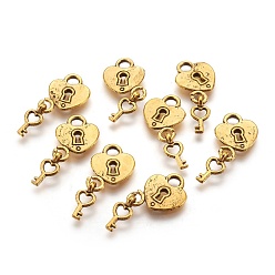 Antique Golden Tibetan Style Alloy Pendants, Heart and Skeleton Key Pendants, Antique Golden, Lead Free and Cadmium Free, Heart: 15x12.5x2mm, Hole: 3.5mm, Key: 12x5.5x1mm