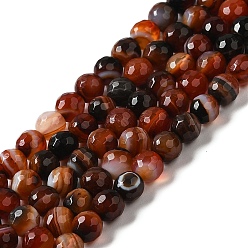 Brown Natural Striped Agate/Banded Agate Beads Strands, Dyed & Heated, Faceted Round, Brown, 12mm, Hole: 1.2mm, about 32pcs/strand, 15''(38.1cm)